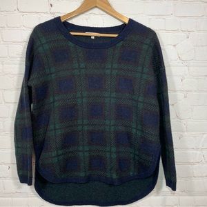 Madewell Sweater Womens XS Green Tartan Plaid Curved Hem Mohair Alpaca Wool